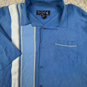 Nat Nast Luxury Originals ALL SILK Button Up Shirt Short Sleeve Striped Blue